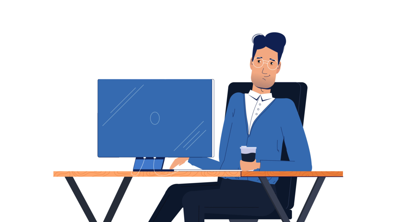 Male businessman character sitting in office behind workplace on computer monitor desk. Vector flat illustration